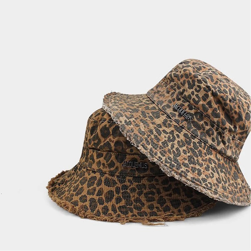Ladies Bucket Hats Leopard Print Korean Retro Fashionable Personalized Raw Edge Bucket Hats Large Brim Outdoor Sports Sun Hats 260208