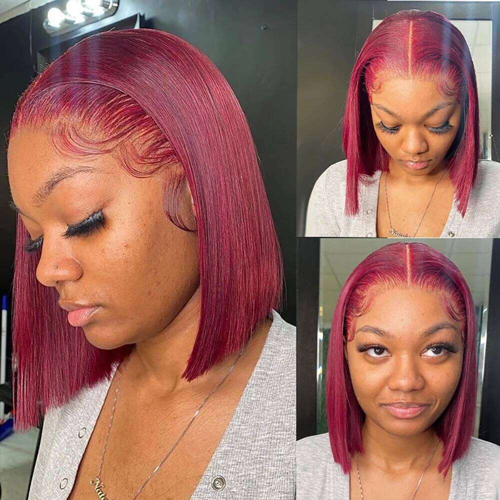 Frontal Short Straight Lace Front Bob Wigs For Black Women Human Hair Wine Red 99J Burgundy VMS