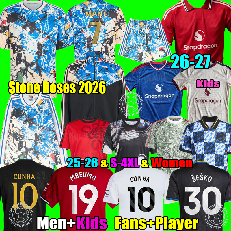 25 26 27 SESKO MBEUMO CUNHA Manchester Soccer Jerseys football shirts Man B. FERNANES MAINOO Pre match Stone Roses unitedjersey 2026 2027 Men women kids tops