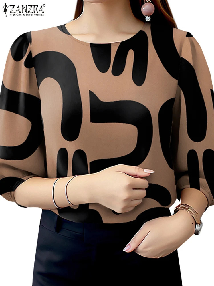 ZANZEA Elegant Office Work Blouses Summer Women Tops Stylish Spring O Neck 34 Sleeve Printed Shirt Autumn Retro Holiday Blusas 260207