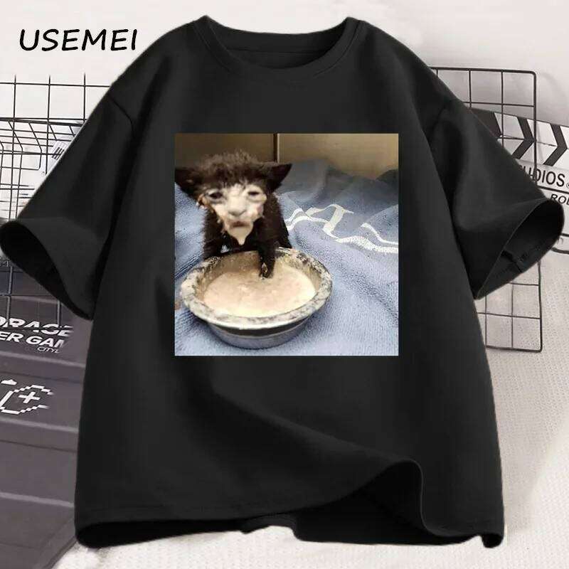 Milk face stem T-shirt, a strange and interesting cat printed for men, 100% cotton short-sleeved T-shirt X260209