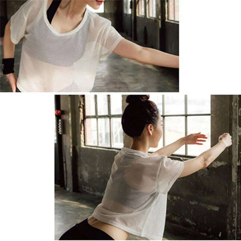 Women's Mesh Yoga Shirt Sexy Short Sleeve T-Shirt Sport Top Blouse Cover Up Quick Dry Gym Clothes Running Fitness Tank Sportwear 26Y0208