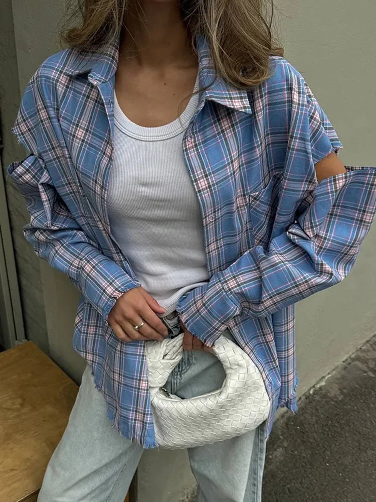 Women Checkered Pattern Shirt Vintage Lapel Long Sleeve Single Breasted Pocket Loose Top 2025 Lady Daily High Street Blouse 260122