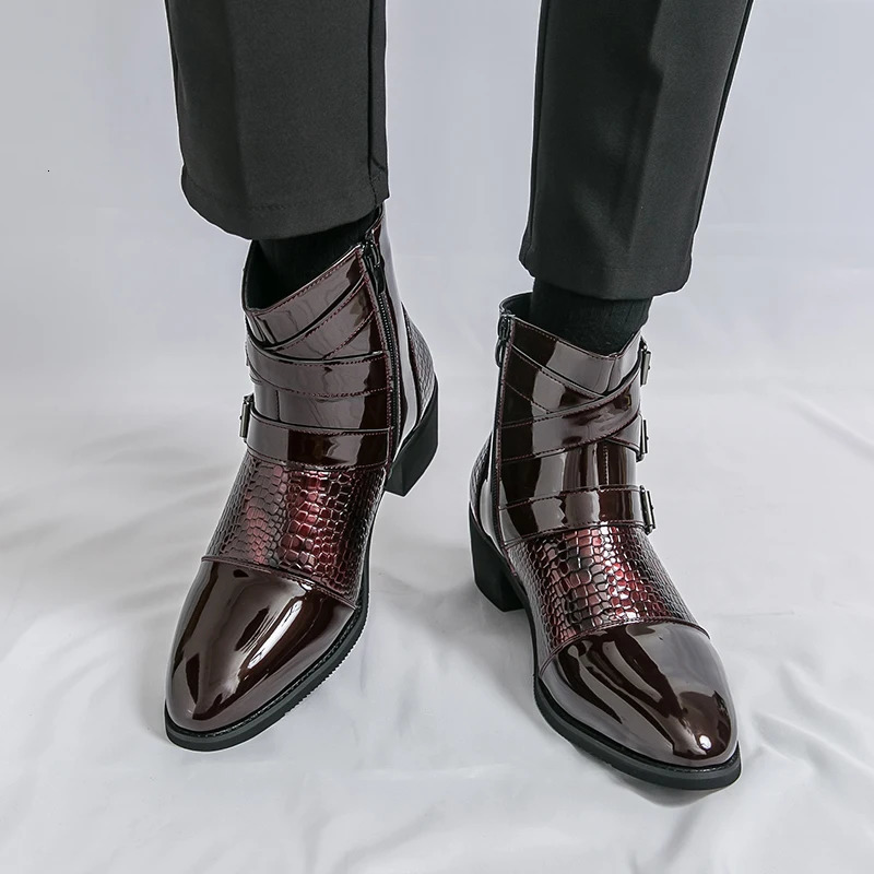 Mens Pointed Patchwork Patent Leather Casual Ankle Boot Male Winter High Tops Monk Strap Shoes Zapatos Hombre 260208