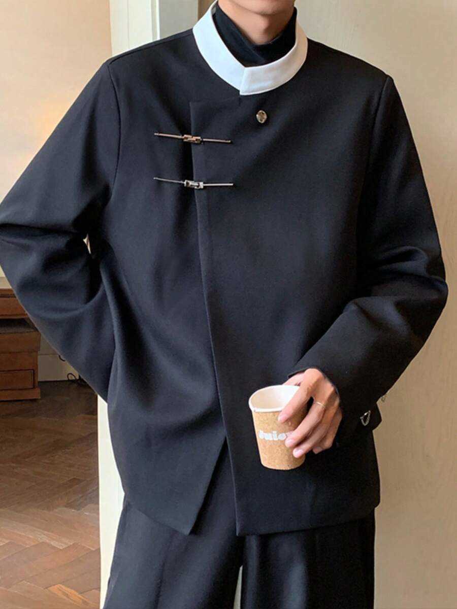 Autumn New Chinese Style Stand Up Collar Small Suit For Men With A Niche Contrasting Color Design And A Retro And Stylish Shoulder Padded Suit Jacket 