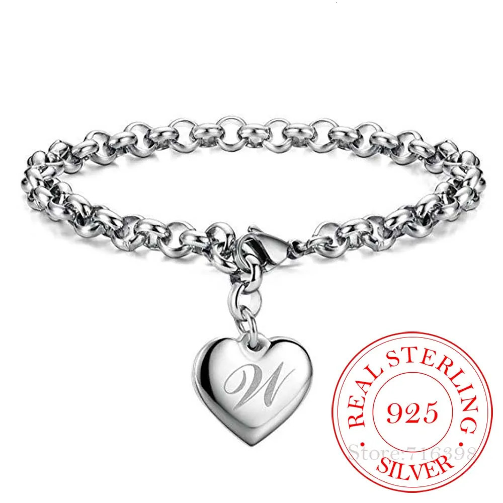 Punk 925 Sterling Silver A-Z Letter Heart Charm Bracelets Bangles For Women Fine Jewelry Pulseras Mujer Moda 260128