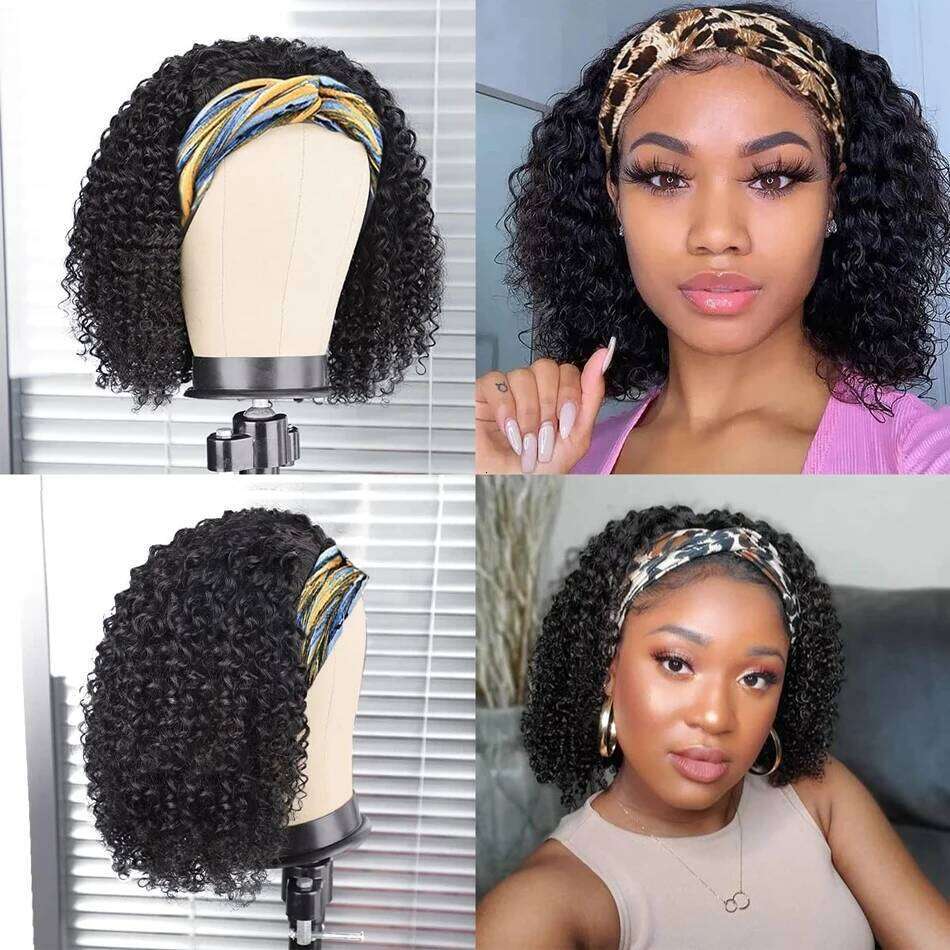 Kinky Headband Wig Human Curly Bob For Women 100% Real Bobo Full Machine Made Wigs Natural Black Hair VMS