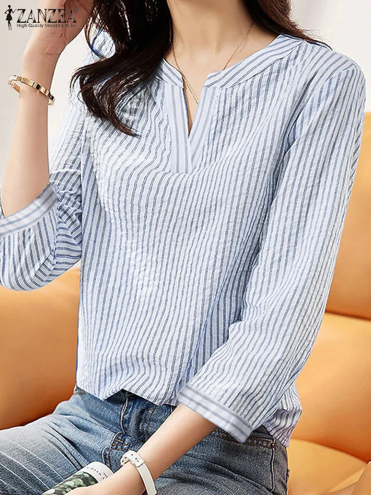 ZANZEA Women Elegant Summer Striped Shirt Autumn V Neck 34 Sleeve Blouse Fashion Casual OL Work Tops Female Party Blusas Mujer 260207