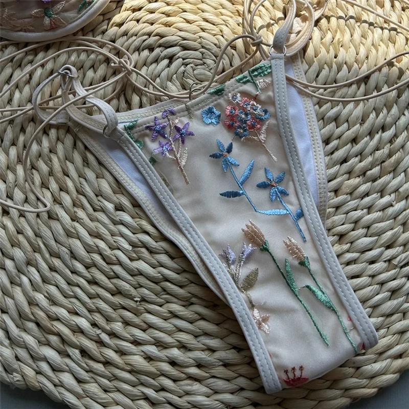 Women's Swimwear Bathing Suit String Bikinis Beige Shiny Flower Embroidery Thong Micro Push Up Bikini Set Sexy Swimsuit Women