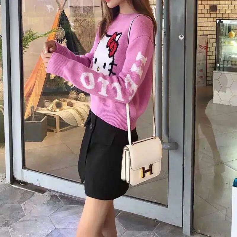 Hello Kittys Long Sleeve Knitwear Women Crop Tops Fashion Sweater Slim Fit Korean Cartoon All Match Round Neck Pullovers