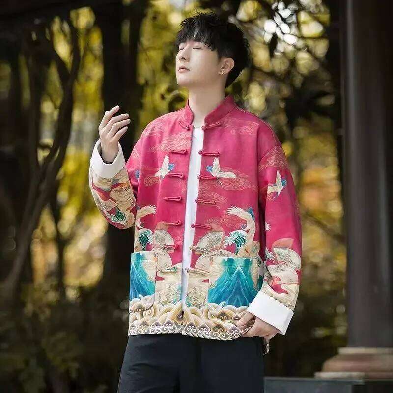 Mardi Hefxessdr Tang Men s Outerwear Jacket New Chinese Style Trendy Casual Printed Spring and Autumn Buttoned Crane Handsome