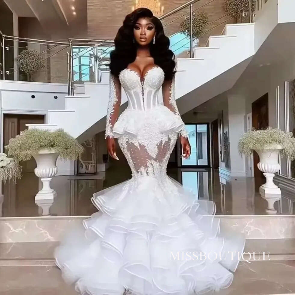 Elegant White Lace Mermaid Wedding Dress With Beaded Details And Full Sleeves Plus Size Bridal Gowns African Nigeria Girls Formal Vestido De Novia 020