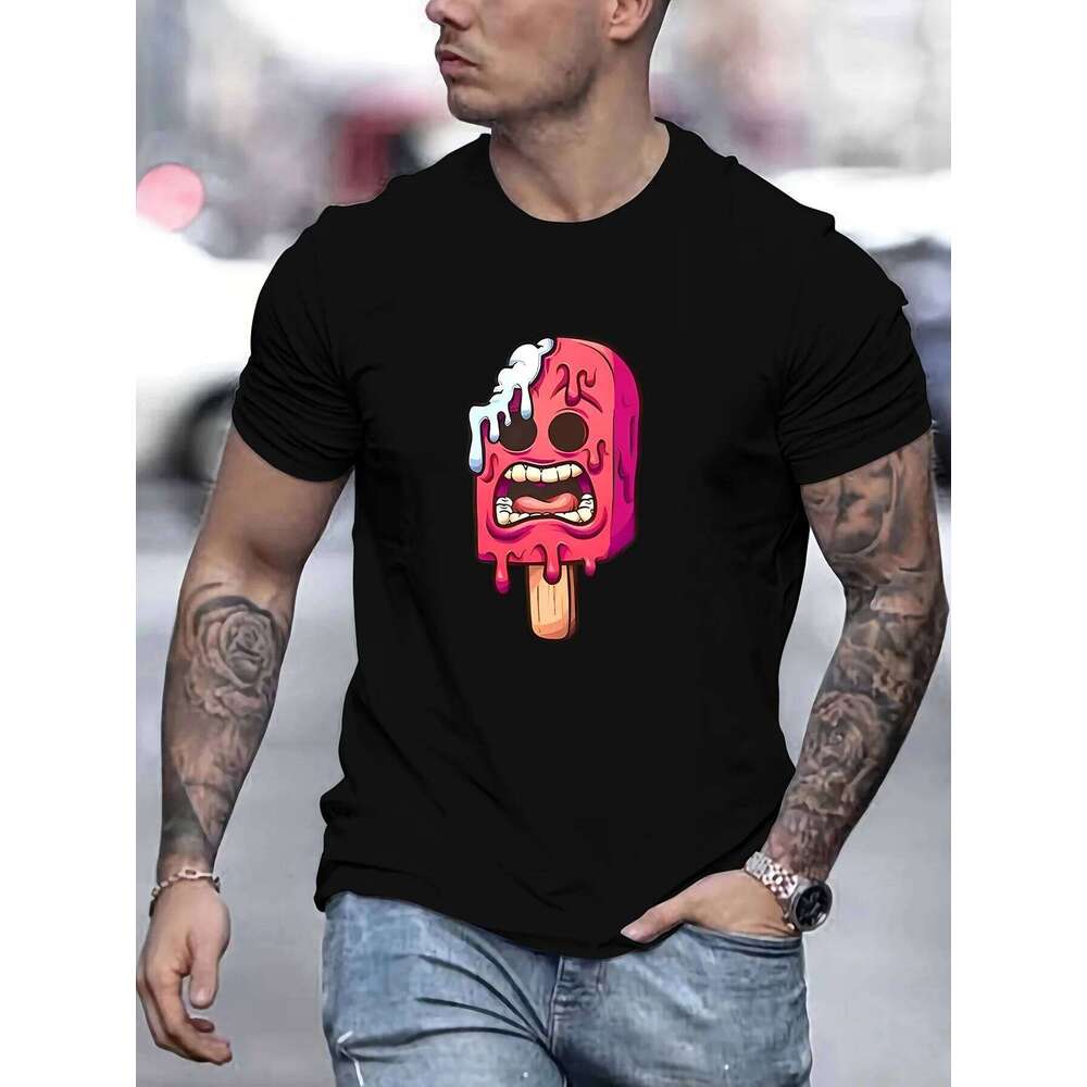 Screaming Melting Ice Cream Cartoon Graphic Tee Men Breathable Cotton Short Sleeve Casual Summer T-Shirt X260209