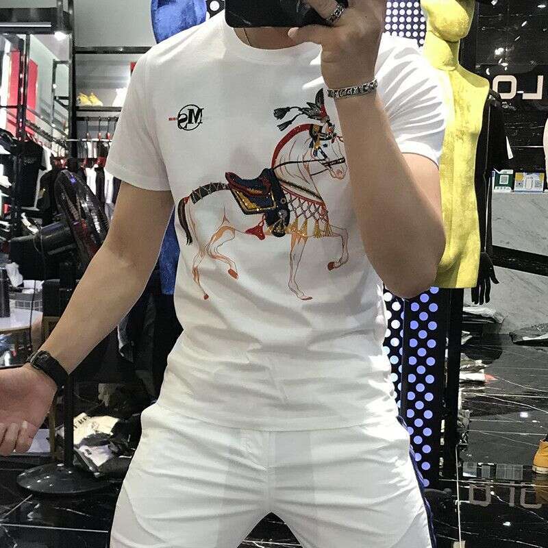 Men's Short-Sleeve T-Shirt 2022 Spring/Summer Trendy Brand New Style Mercerized Cotton Personalized Rhinestone Decoration High-End Half-Sleeve Te