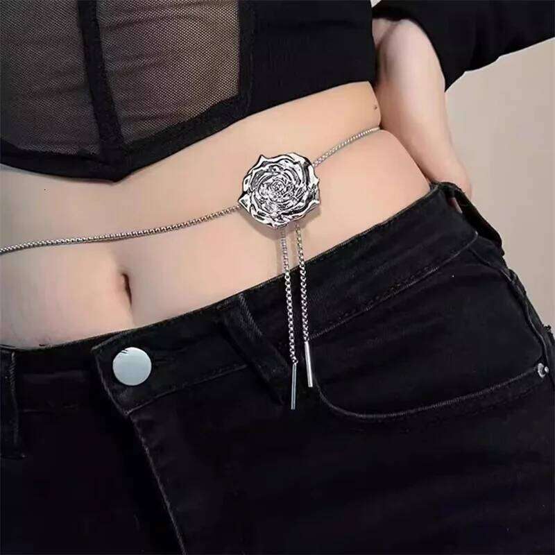 Liquid Metal Butterfly Rose Flower Waist Adjustable Silver Color Pendant Snake Bones Body Chain Punk Hiphop Jewelry X260209