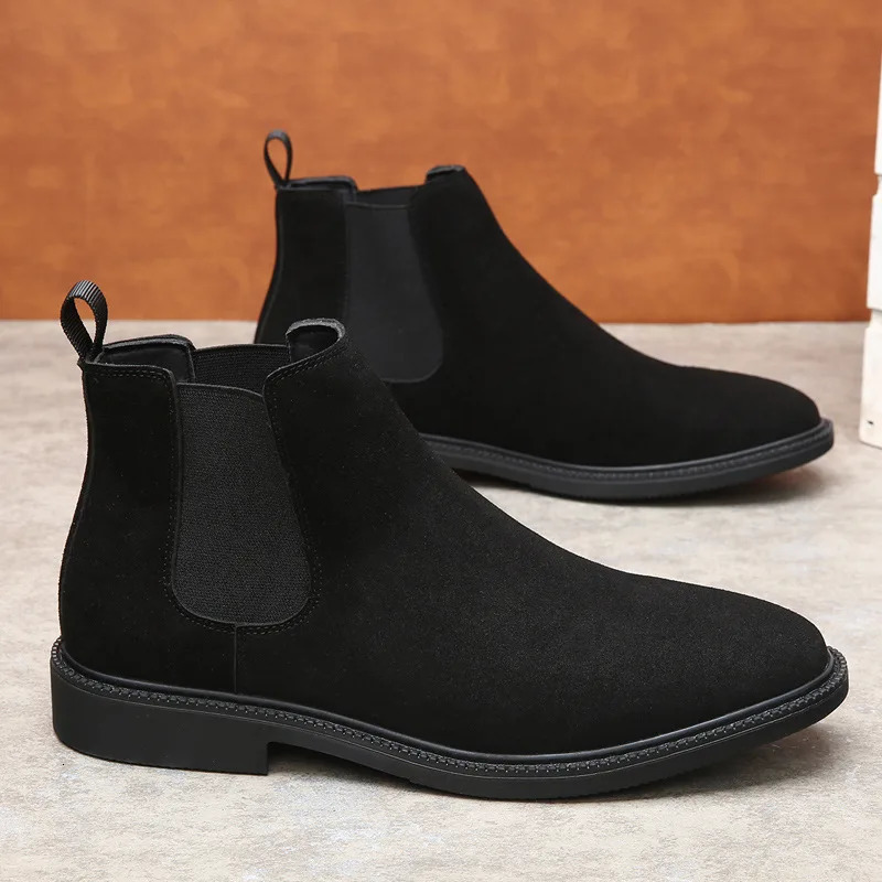 Black Suede Shoes Mens Chelsea Boots Winter Casual Genuine Leather Ankle Pointed Toe Short Men Hightop 260208