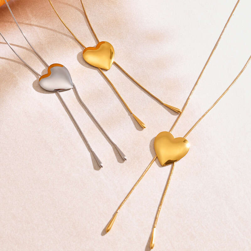 18k Gold / Silver Plated Necklace: Stainless Steel Pull Buckle Heart Shaped Smooth Long Necklace 18k Gold Plated Wearable Side Jewelry Sweater Chain, 