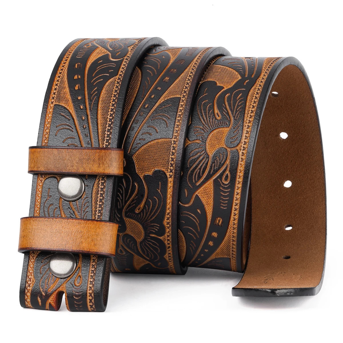 Genuine Leather Vintage Belt No Buckle Embossed Cowhide Without Buckle Men Strap Male Western Cowboy Belts 260124