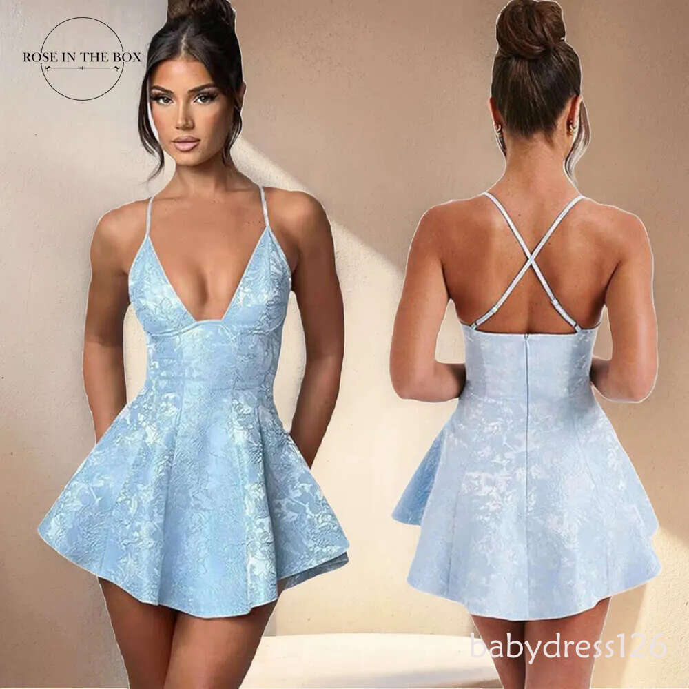 Women's Short Homecoming Dresses for Teens Spaghetti Straps V Neck Jacquard Satin Mini tail Party Gowns