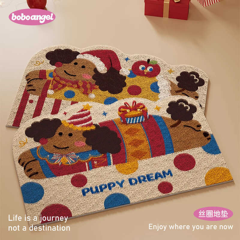 Cartoon Puppy Entryway Doormat Silk Loop Door Mat Household Non-Slip Dirt-Resistant Cuttable Entrance Carpet S260207