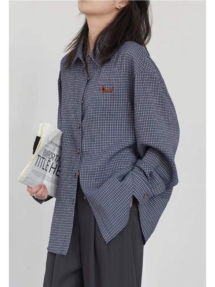 CHIC VEN Women Shirt Long Sleeve Single Breasted Loose Casual Embroidered Plaid Blouses Retro Female Top Spring Summer 260207