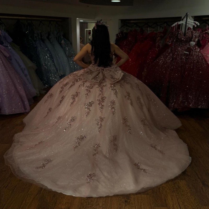 Pink Quinceanera Dresses Ball Gown Off The Shoulder Sequin Applique Lace Beading Crystal Bow Tull Sweet 16 Dress Vestidos 15 De Anos