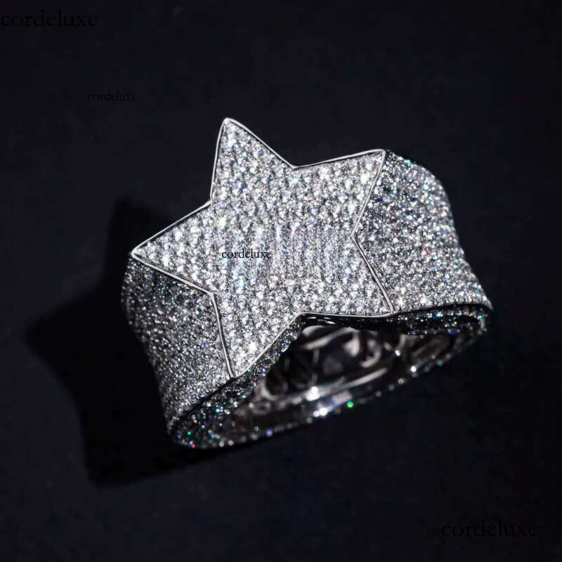 Hip-Hop Rock Style Iced Out 5-Point S Plated White Gold with DEF VVS Moissanite Men's Ring Popular Star Fashion da