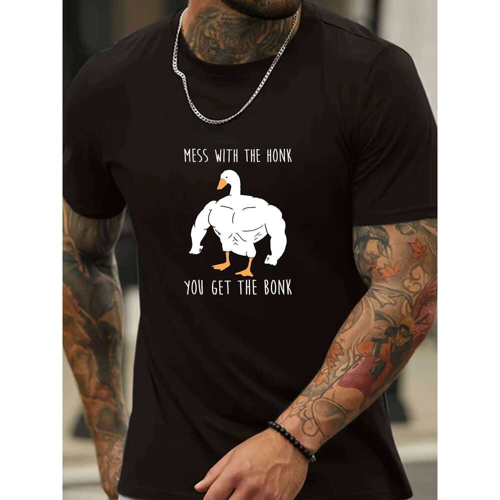 Men'S Cotton T-Shirt with Goose Graphic, Casual Crew Neck, Short Sleeve, Slight Stretch, Novelty Sports & Outdoor Top X260209