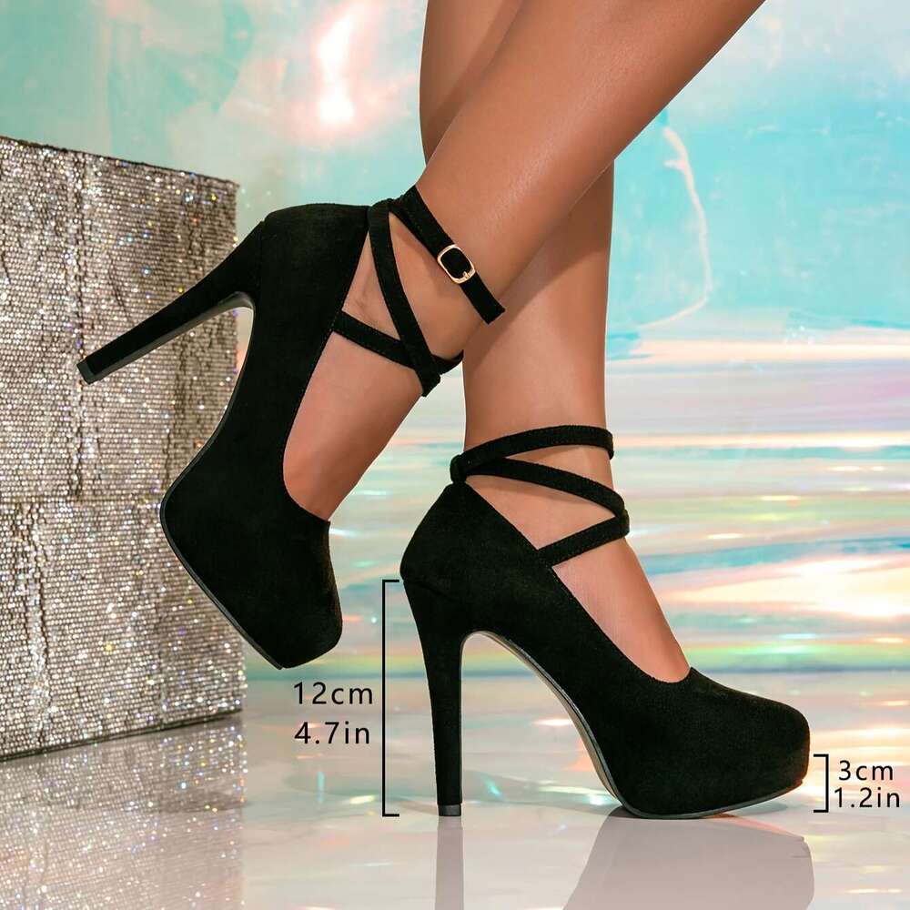 Black Pumps Ultra High Heel Elegant Black D Orsay Style Ankle Strap Pumps For Women Round Toe All Season Fashion Shoes Smooth Texture MOJIDASHU