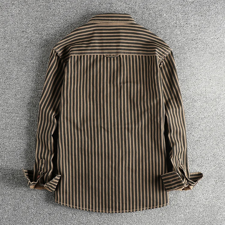 Autumn And Winter American Retro Stripe Long-Sleeve Lapel Shirt Mens Simple Fashion Washed Multi-pocket Casual Blouses 260208