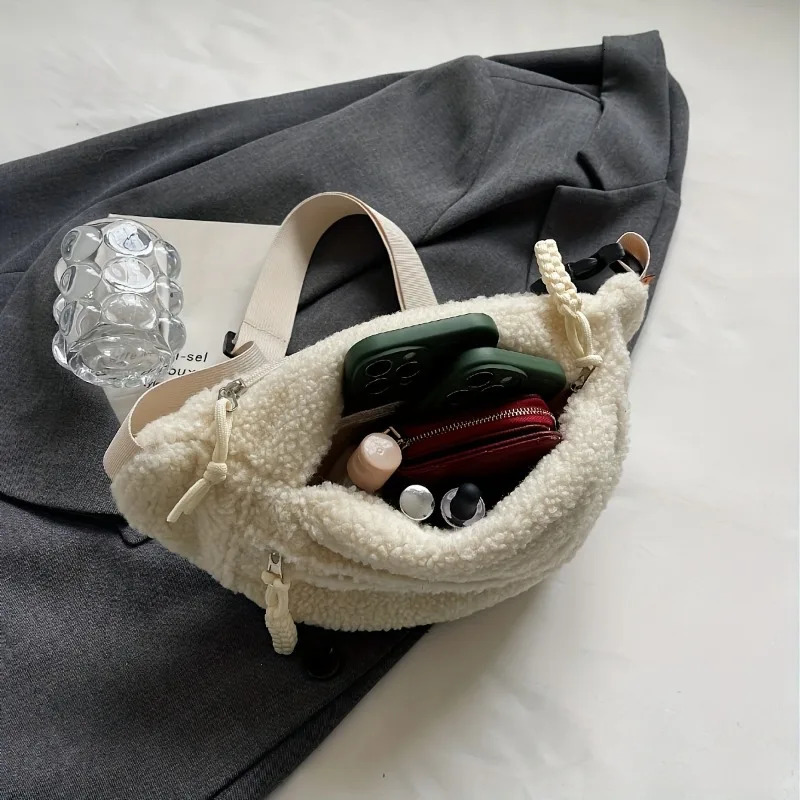 Mens Casual Solid Color Plush Material Chest Bag Fashionable Daily Commuting Waist Crossbody Shoulder 260208