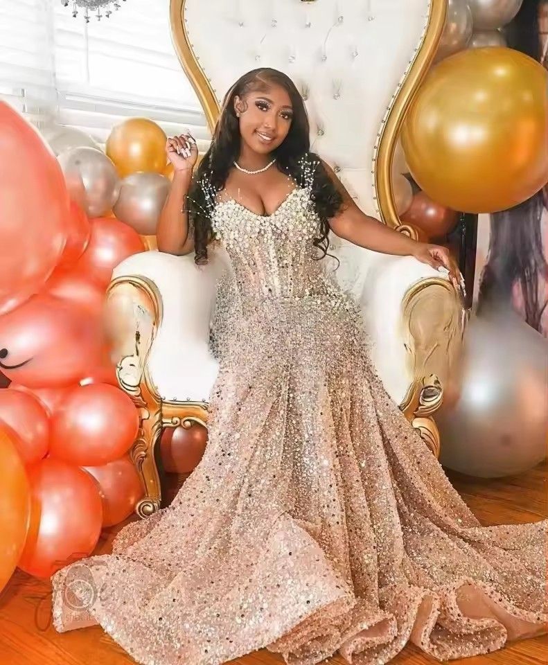 Luxury Pearl Prom Dresses For Black Girl 2026 Sequin Mermaid Birthday Party Customized African Evening Gowns Robe De Soiree Mariee Luxe 0209