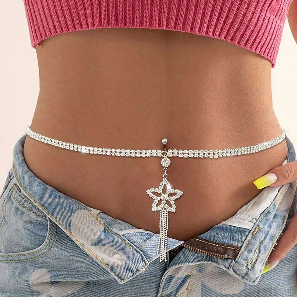 Rhinestone Tassel Star Dangle Women Belly Button Ring Waist Chain Navel Piercing Body Jewelry X260209