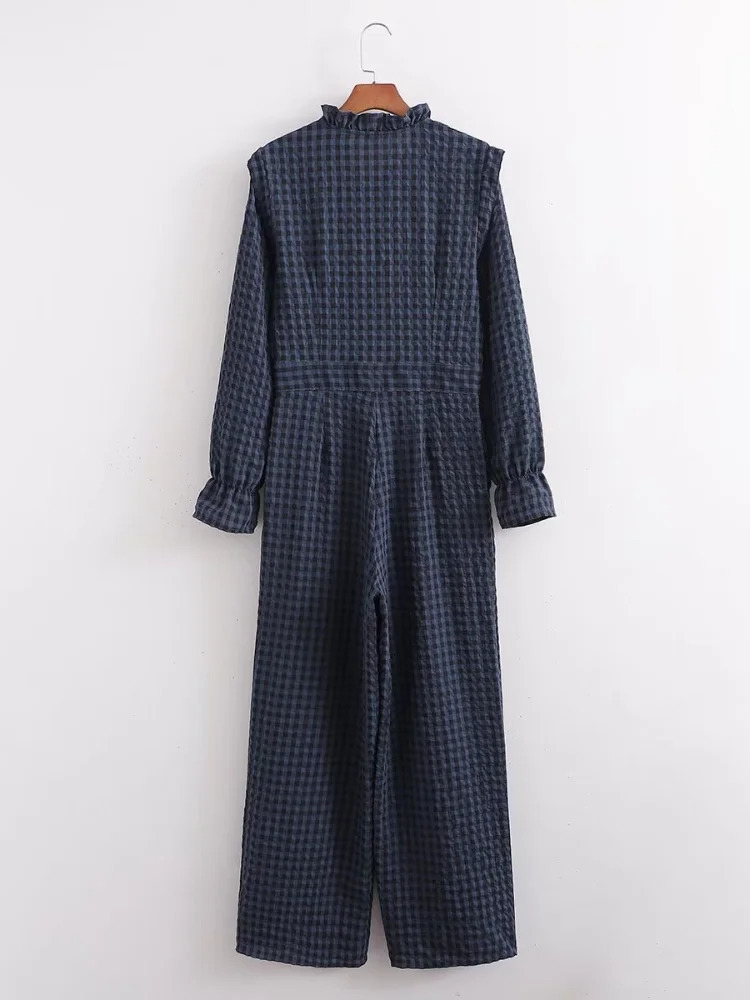 Casual Blue Plaid Ruffle Long Jumpsuit Women Chic Full Sleeves Single Breasted Loose Jumpsuits 2026 Lady Spring Autumn Wear 260126
