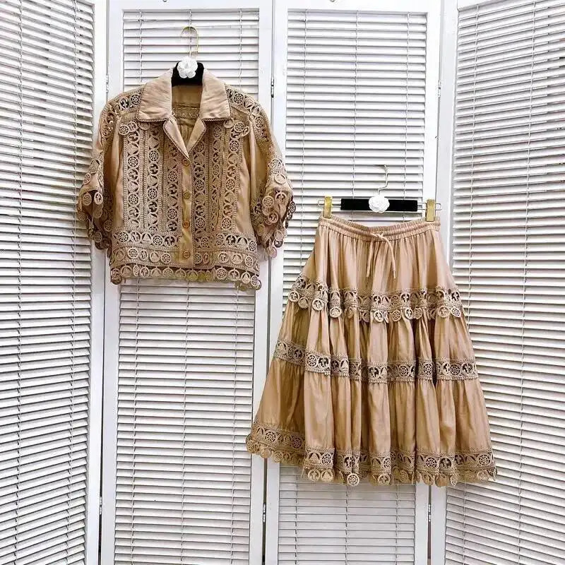 Hollow Out Dress Two Piece Set Womens Summer Holiday Embroidered Lace Jackets White Tops Pleated Short Skirts Suits 260208