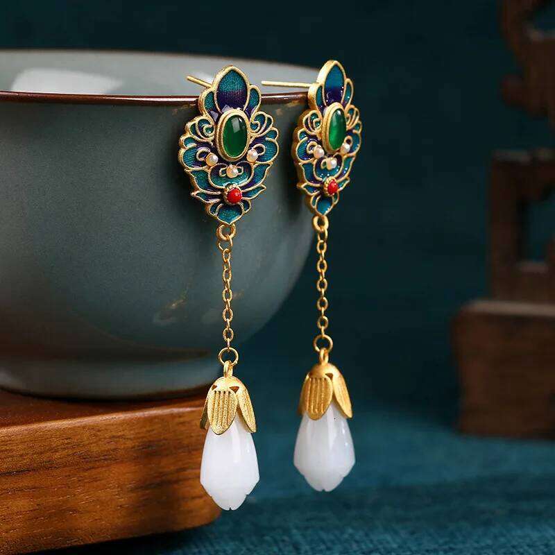 Earrings Traditional Chinese Enamel with Retro Flower Shaped Jade Pendant Gold Plated for Cultural Festival and Wedding Jewellery Gift High Quality Te