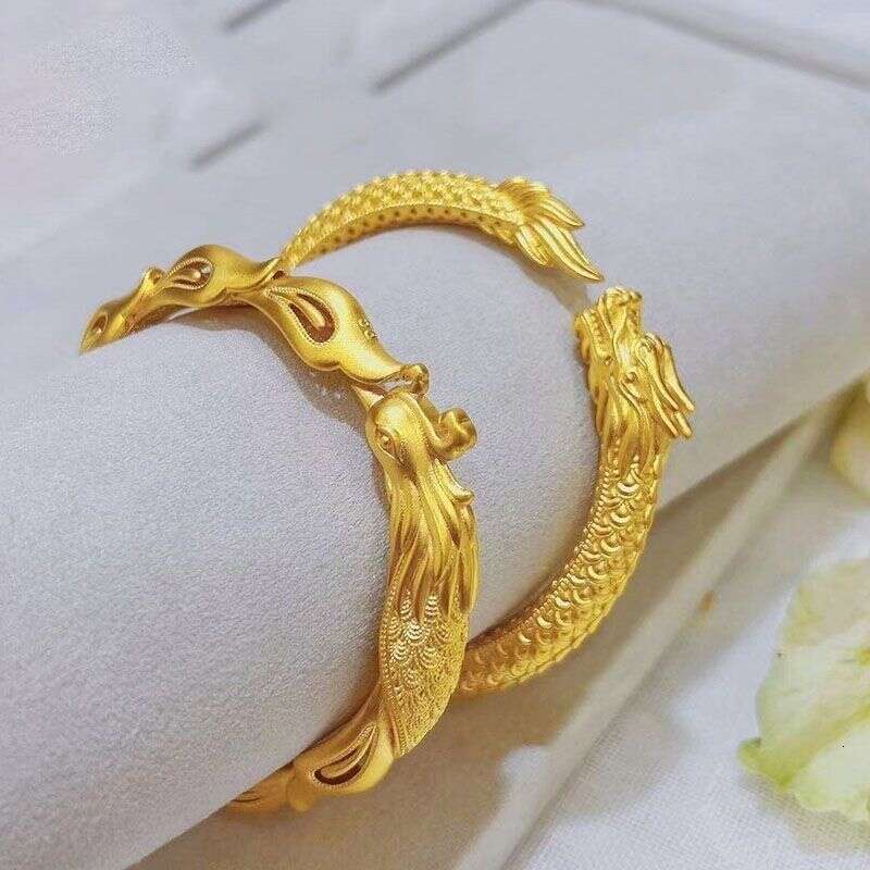 Sand-Gold Bracelet, Frosted Sand-Gold Chinese-Style For Women, Elegant Retro Palace-Style Hollow Dragon And Phoenix Bracelet