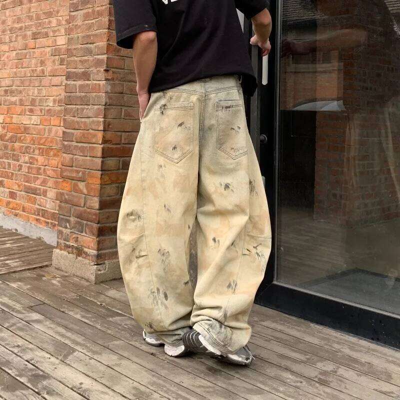 2026 Spring American Style Men's Curved-knife Jeans Pleated Design Casual Contrast Color Splash-ink Wide Leg Male Denim Pants