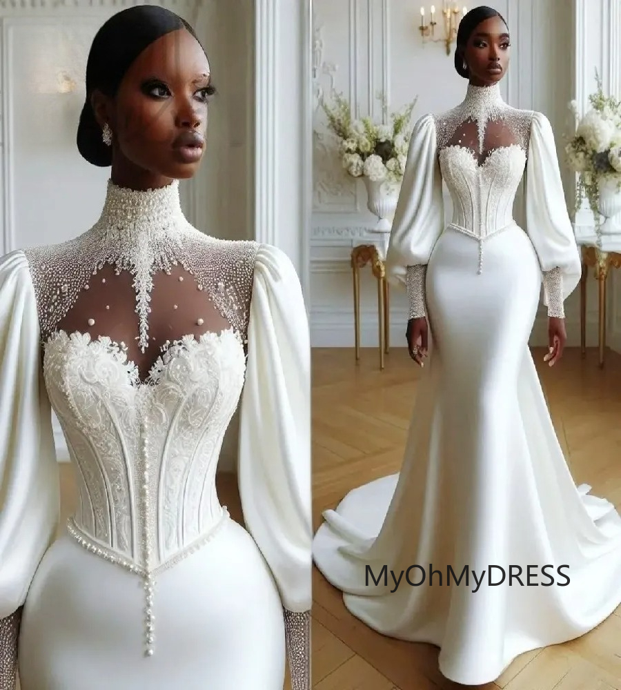 Elegant African Wedding Dress Aso Ebi High Neck Pearl Mermaid Bridal Gown Long Sleeve Satin Bohemian Gypsy Bride Dress Vestido De Novias 2026 0209