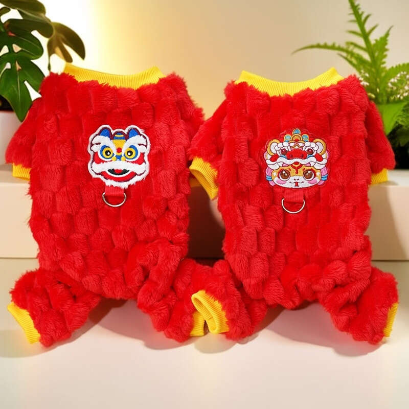 New Year Lion Dance Four-Legged Plush Leash Pet Dog Clothes Cat Supplies Autumn Winter Warm Teddy