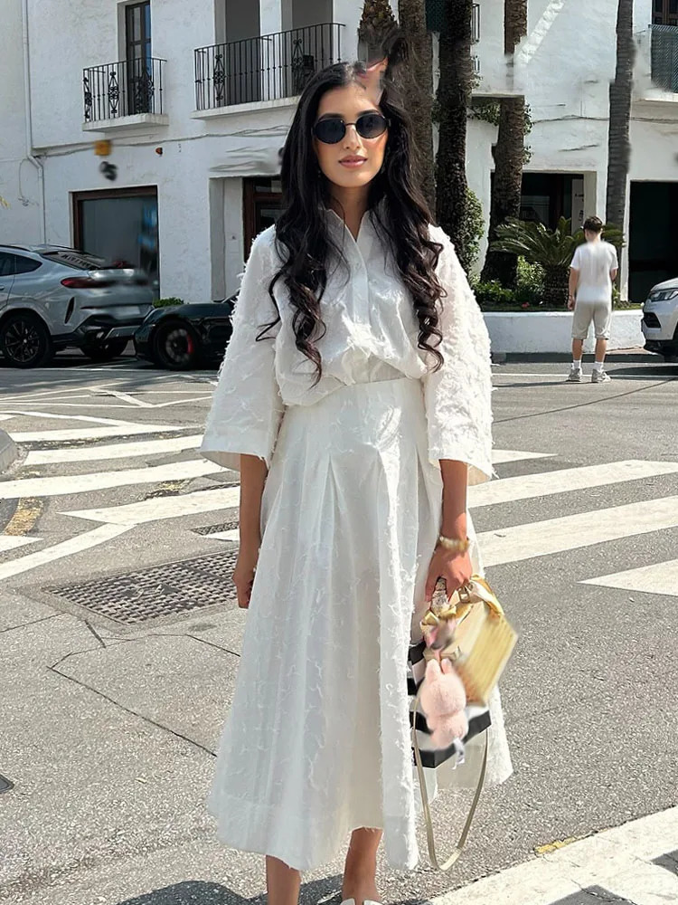 HH Women Tassel Sets White TurnDown Collar SingleBreasted ShirtsHigh Waist Zipper ALine Long Skirts Female Holiday Suit 250203