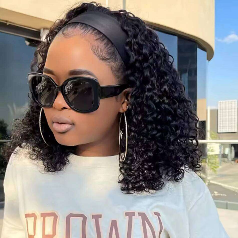 Kinky Headband Wig Human Curly Bob For Women 100% Real Bobo Full Machine Made Wigs Natural Black Hair VMS