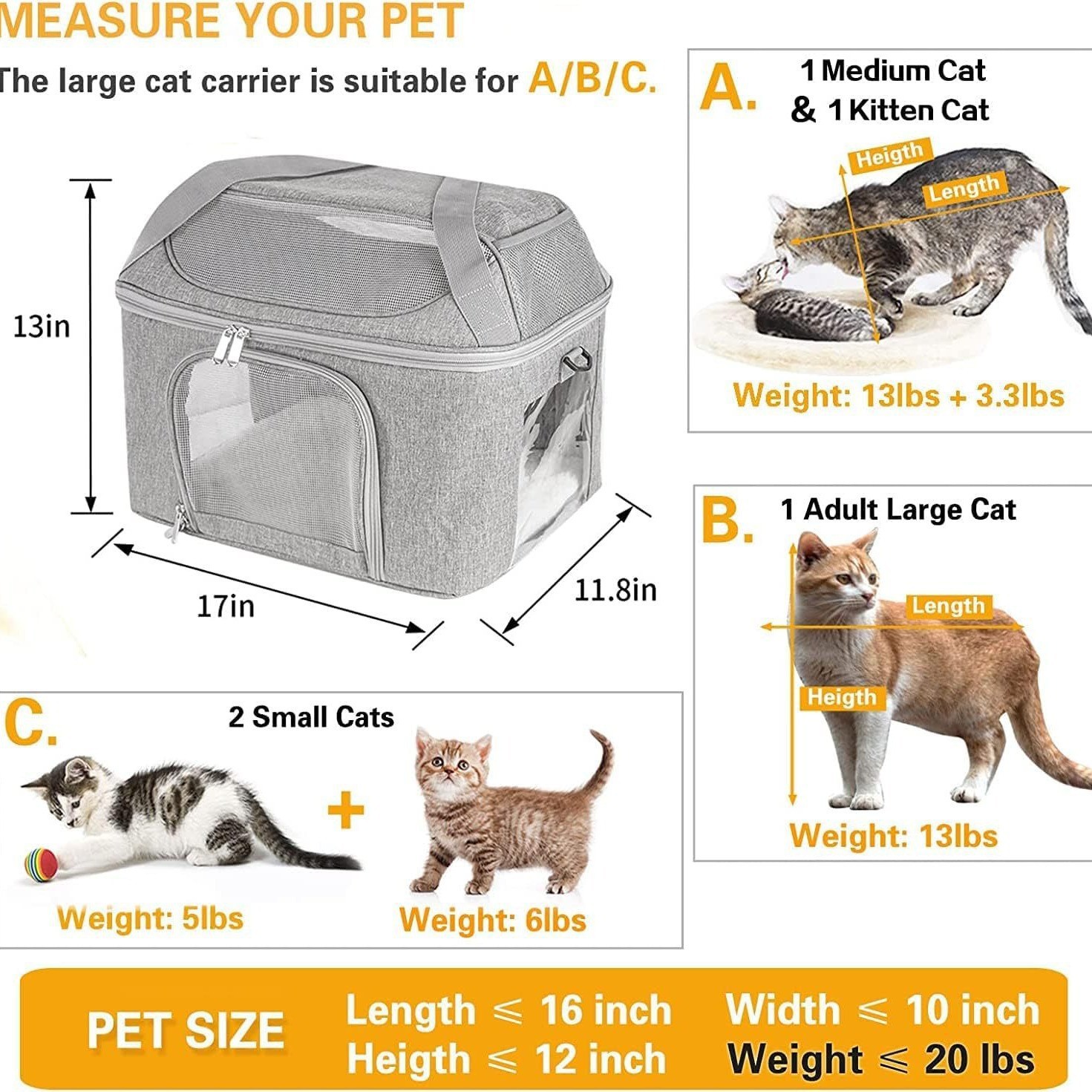 Soft side pet carrier for large cat carrier, suitable for foldable travel small dog carrier, airline approved cat carrier