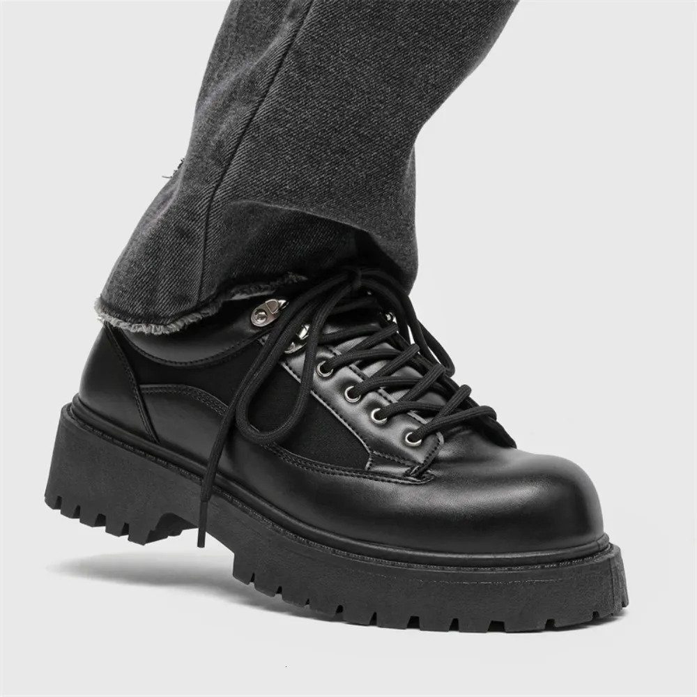 2026 Model Mens Black Casual Leather Shoes Large Toe Small Size Low Heel Thick Sole Heightincreasing Loafers 260126