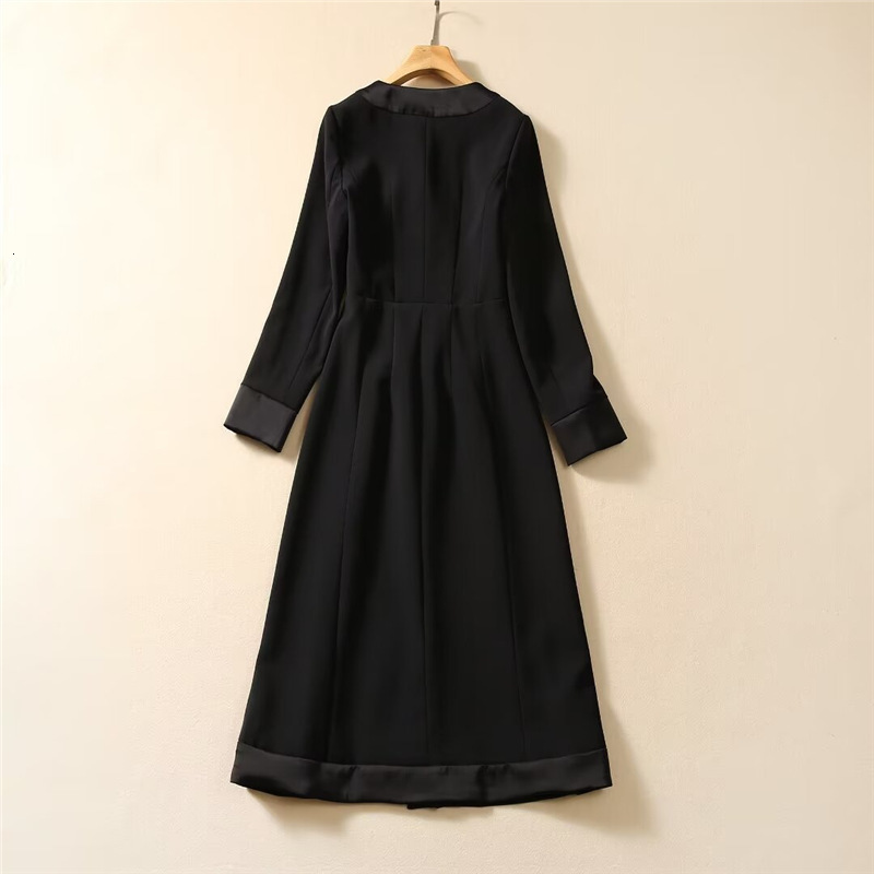 early spring new patchwork black trench coat with rhinestone buttons hidden buttons slim fit long style elegant womens top