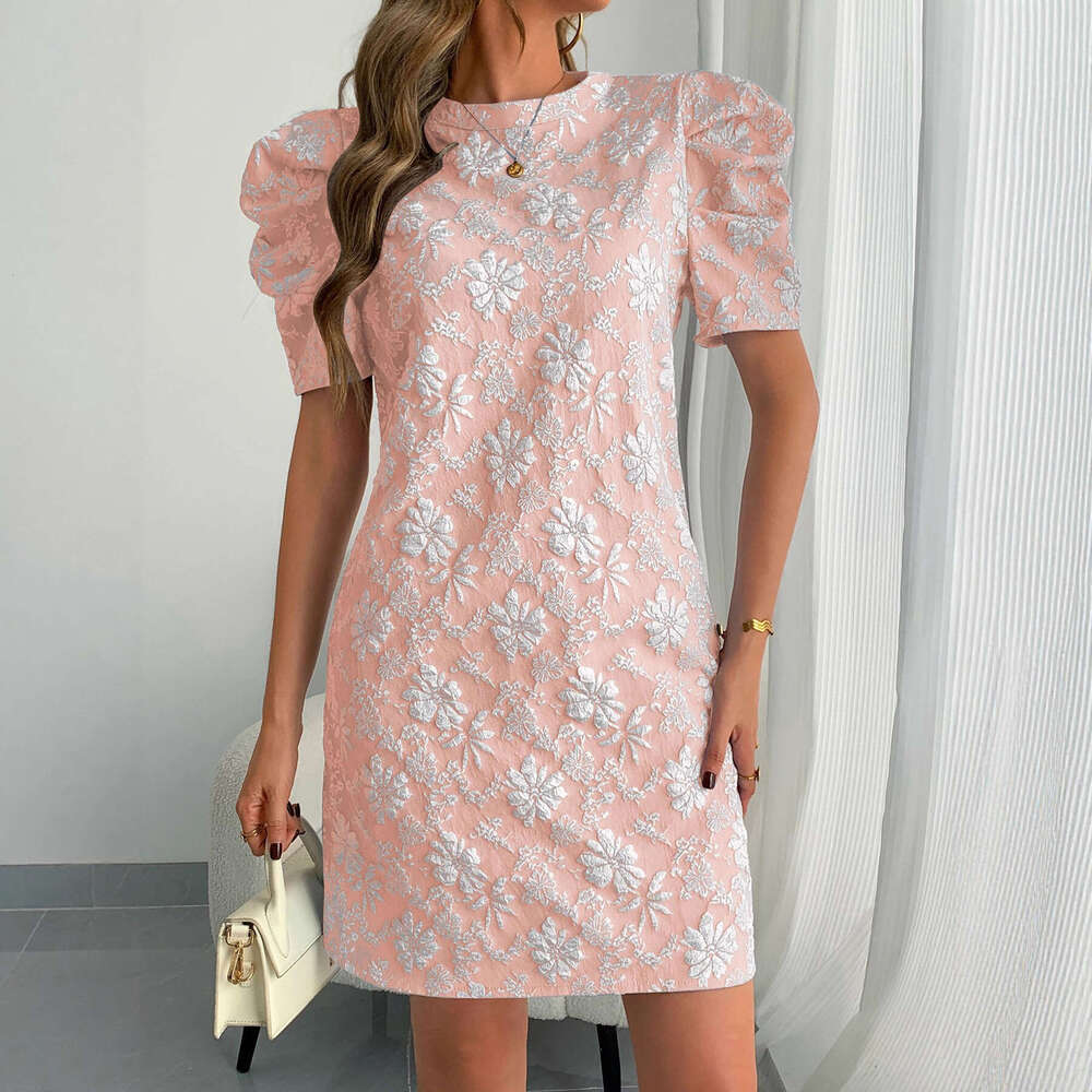 New Women's Ruffle Sleeve Texture Jacquard Collar color lace-up leaf Retro Style Dress Summer daisy relief dress slim fit skirt short sleeved wom