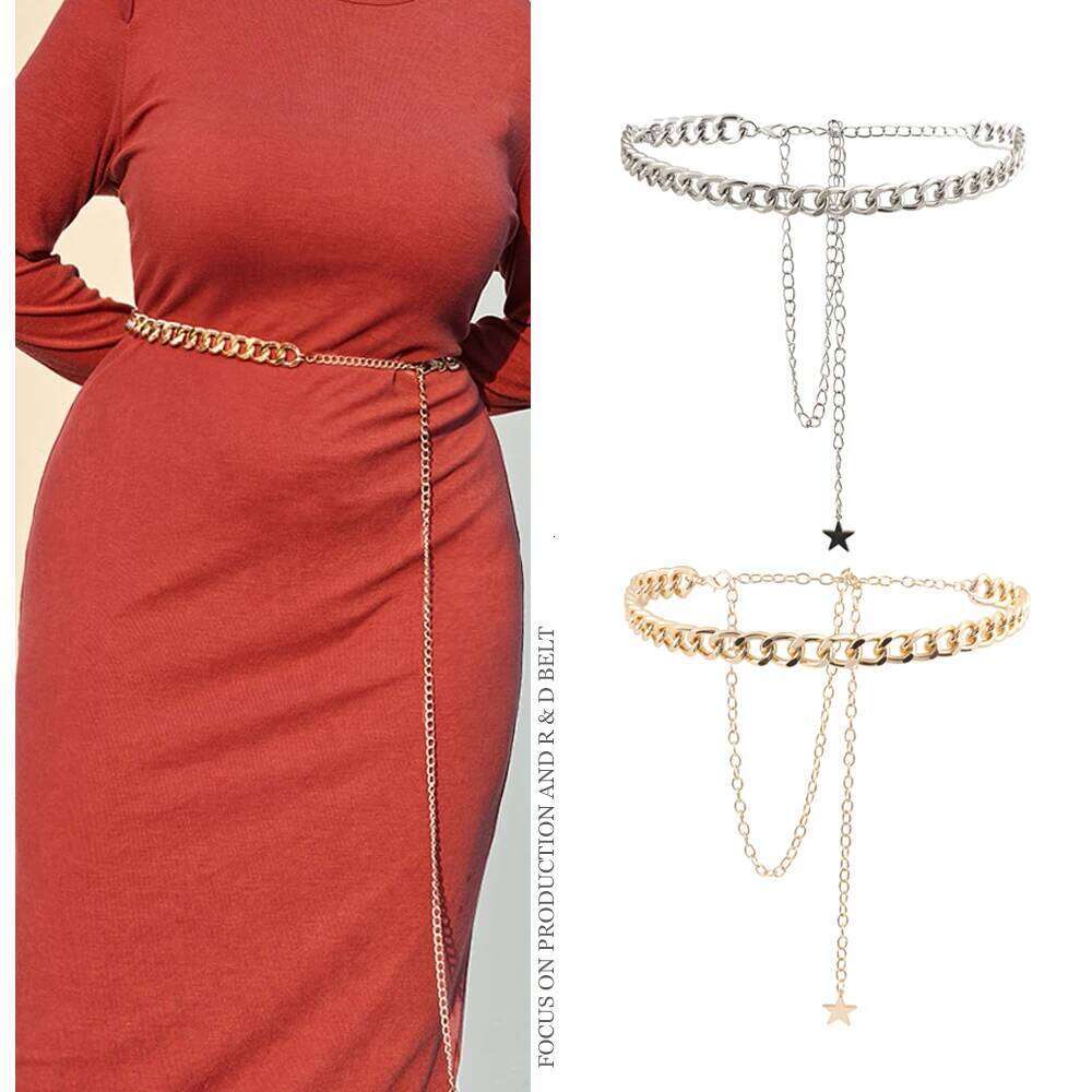 Ladies simple metal waist Star Pendant sexy elegant dress gold silver body chain X260209