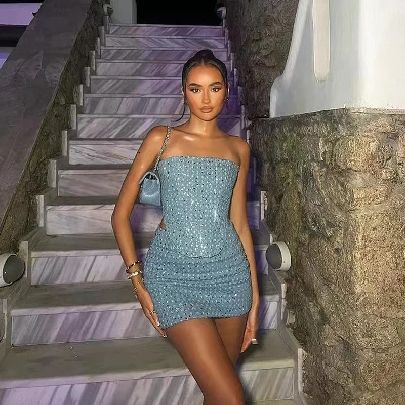 BWQ Women Blue Sequined Denim 2 Piece Sets Sexy Strapless Top Stylish Woman Mini Skirt Tweed Set Summer Nightclub Outfits 250203