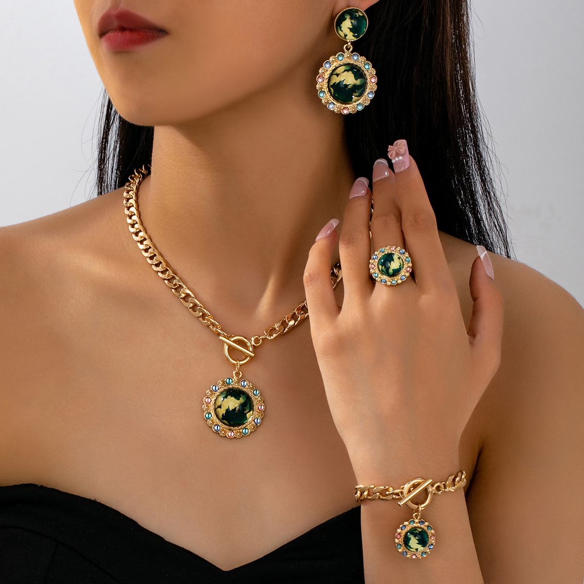 Exquisite French Fashion Style High-End Original Inlaid Colorful Acrylic Jewelry Set Suitable For Party Outfit Matching