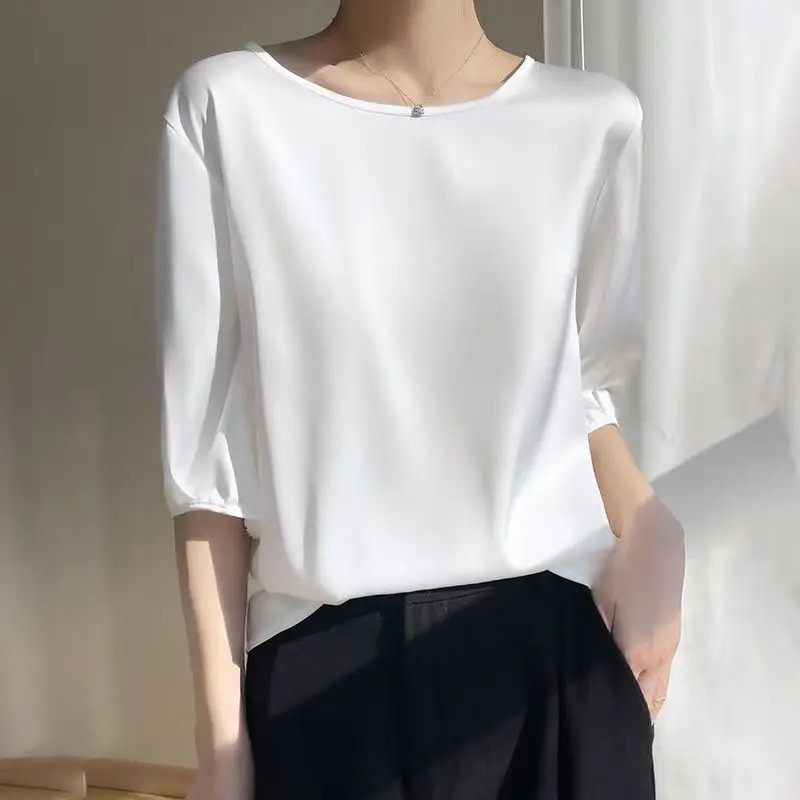 Summer satin Women Blouse Silky Loose Woman Shirt ladys half Sleeve tops Casual solid tshirt ONeck pullover womens clothing 250203